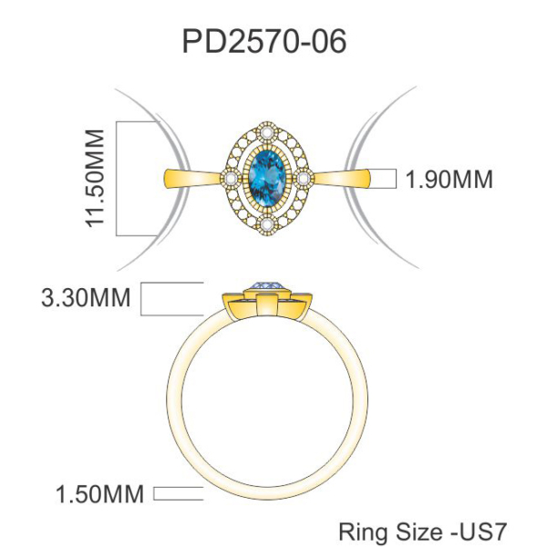 Diamantring med Swiss blå Topaz ædelsten i 14 kt guld eller hvidguld - Billede 2